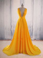 Unique V Neck Yellow Prom Dress With Sweep Train, Yellow Formal Dress, Party Dress
