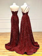 Unique Velvet Sequin Mermaid Burgundy Long Prom Dress, Burgundy Formal Evening Dress