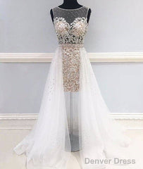 Unique White Round Neck Tulle Short Prom Dress, White Evening Dress