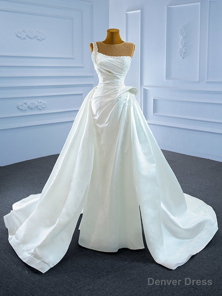 Unique White Satin Pleats Pearls Wedding Dress Main image