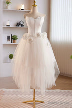 Unique White Strapless Irregular Tulle Short Prom Dress, White Party Dress