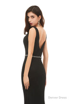 V Back Mermaid V Neck Beaded Waist Prom Dresses