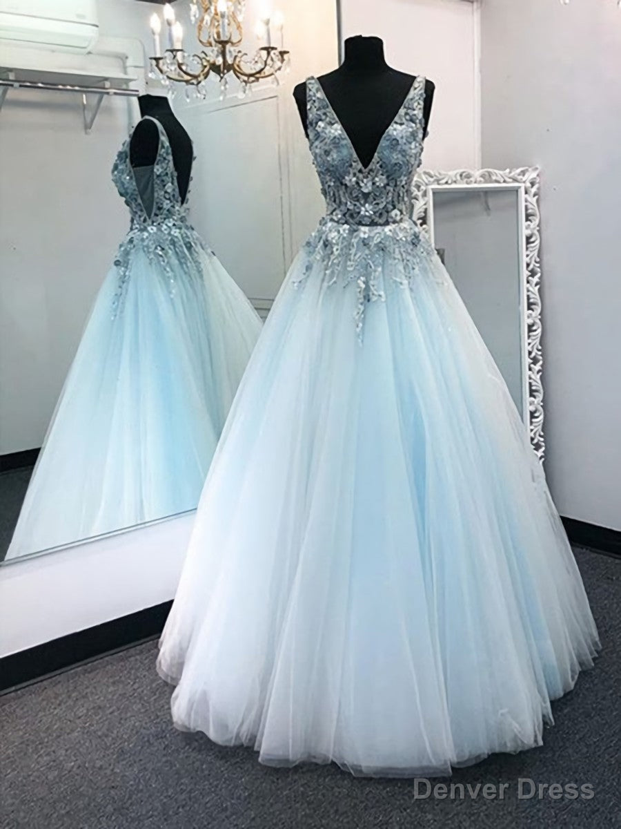 V Neck 3D Floral Blue Lace Beaded Long Prom Dresses, Blue Lace Floral Formal Evening Dresses Main image