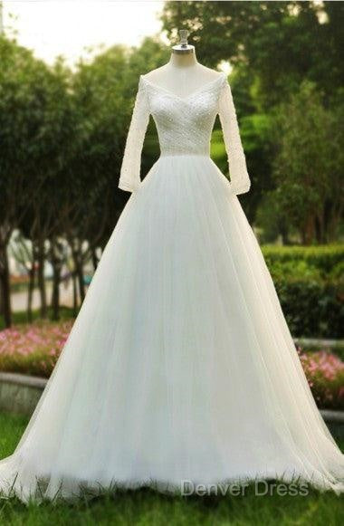 V-Neck A-Line Floor Length Tulle Wedding Dresses With Beading Long Sleeves Secondary image