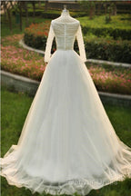 V Neck A Line Floor Length Tulle Wedding Dresses With Beading Long Sleeves