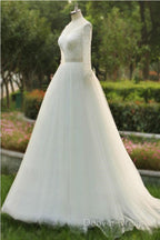 V Neck A Line Floor Length Tulle Wedding Dresses With Beading Long Sleeves