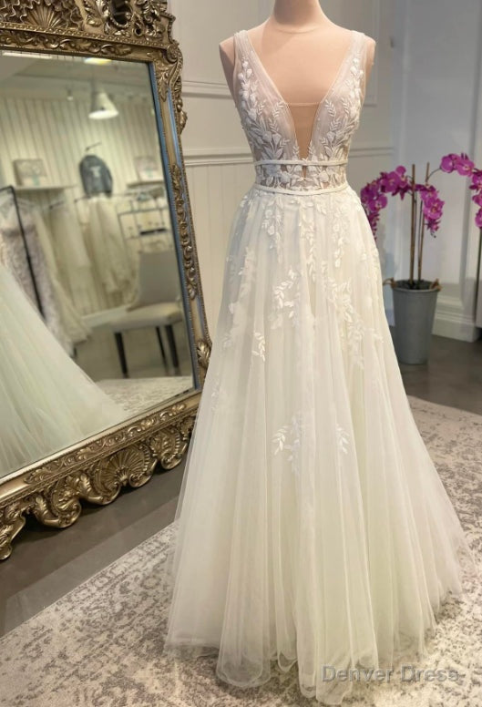 V Neck A Line Wedding Dresses with Appliques Main image