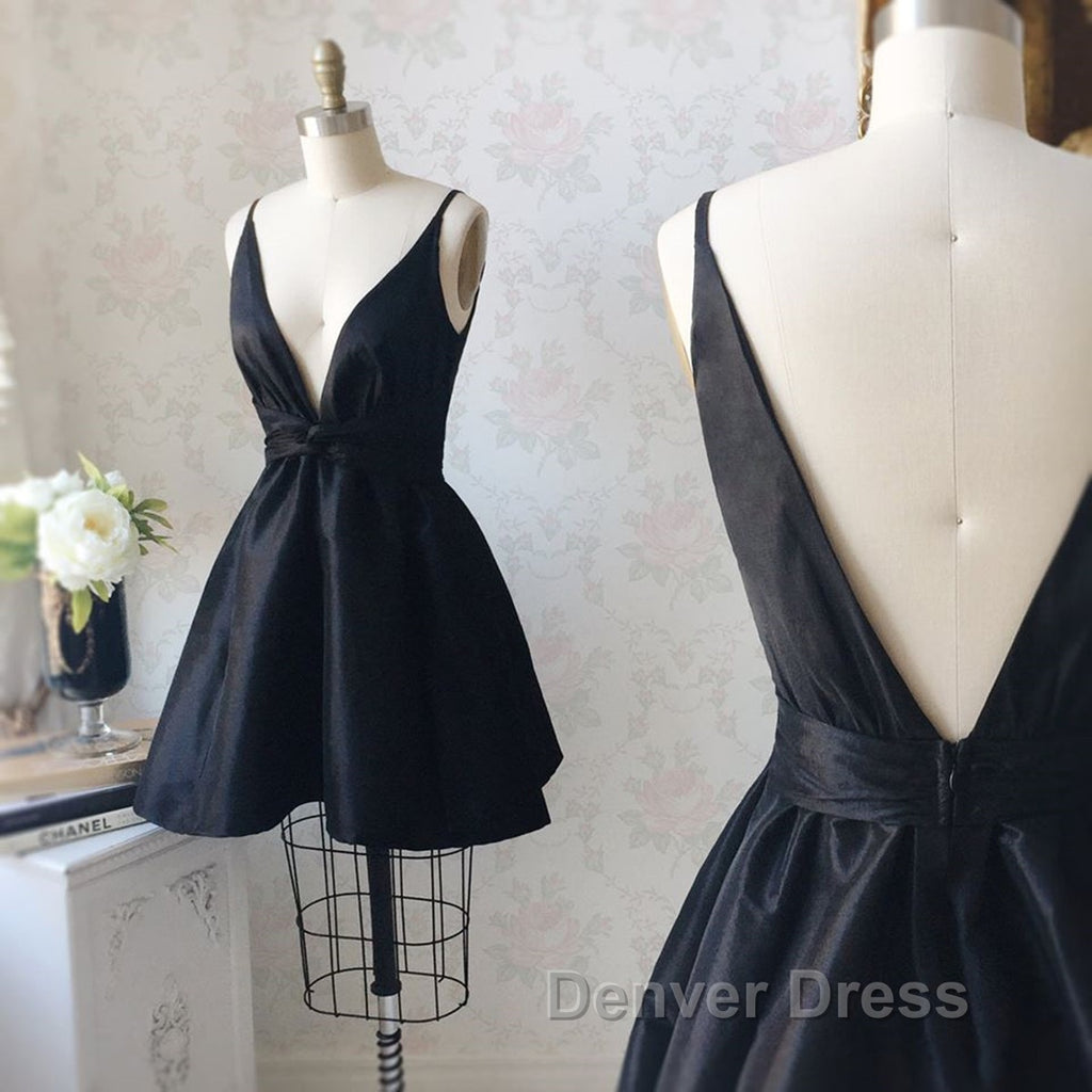 V Neck and V Back Black Satin Short Prom Homecoming Dress, V Neck Black Prom Graduation Prom Dress, Black Cocktail Dresses