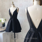 V Neck and V Back Black Satin Short Prom Homecoming Dress, V Neck Black Prom Graduation Prom Dress, Black Cocktail Dresses