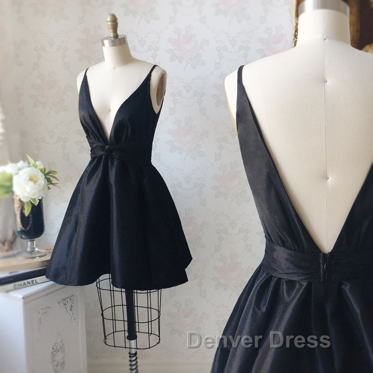 V Neck and V Back Black Satin Short Prom Homecoming Dress, V Neck Black Prom Graduation Prom Dress, Black Cocktail Dresses