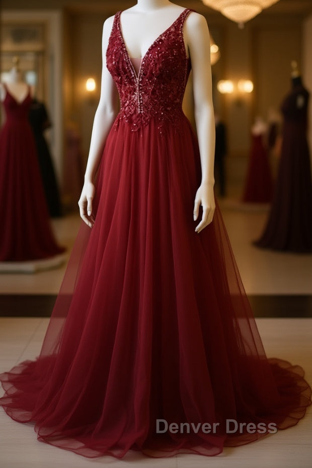 V Neck and V Back Burgundy Lace Long Prom Dress, Open Back Burgundy Prom Dress, Burgundy Lace Prom Dresses Main image