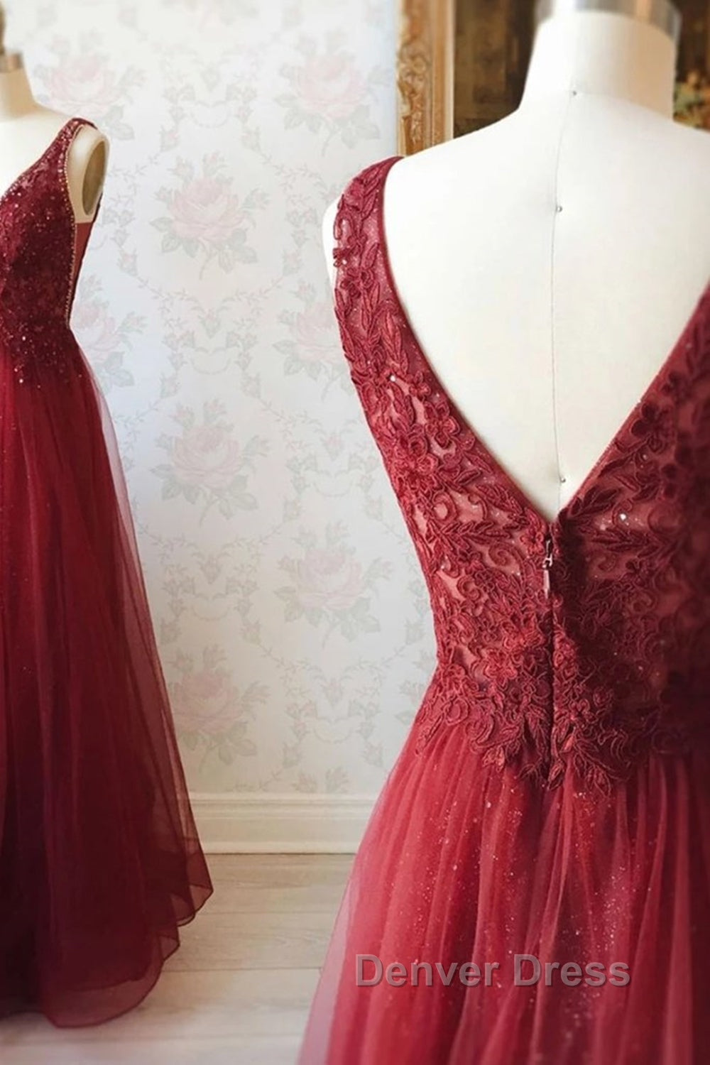 V Neck and V Back Burgundy Lace Long Prom Dress, Open Back Burgundy Prom Dress, Burgundy Lace Prom Dresses