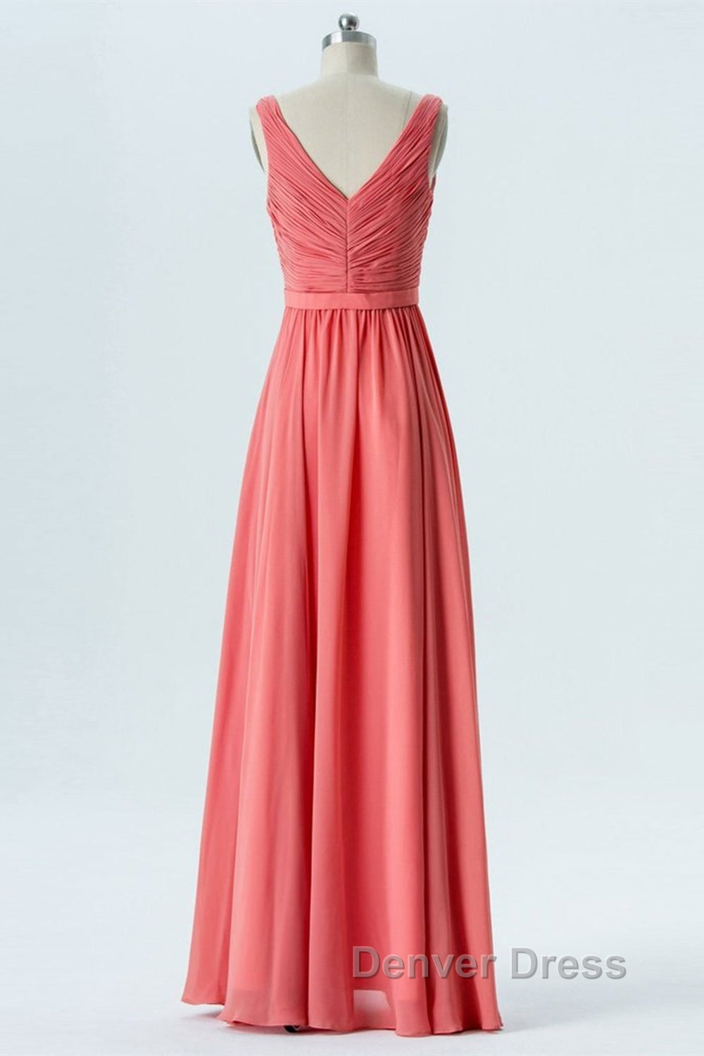 V Neck and V Back High Low Coral Chiffon Long Prom Dress, Long Coral Prom Bridesmaid Dresses with Slit Secondary image