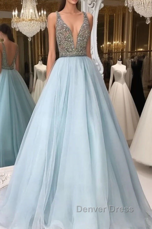 V Neck And V Back Sequin Tulle Long Blue Prom Dress, Blue Prom Dresses
