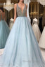 V Neck And V Back Sequin Tulle Long Blue Prom Dress, Blue Prom Dresses