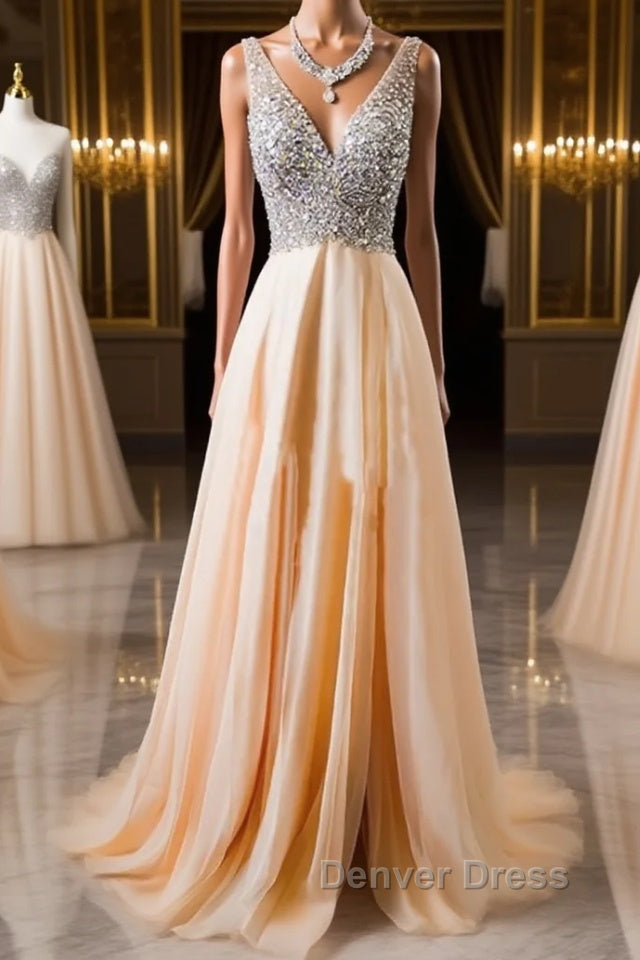 V Neck And V Back Sequins Chiffon Prom Dress, Long Prom Dress