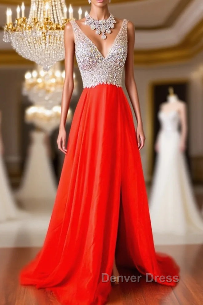 V Neck And V Back Sequins Chiffon Red Prom Dress, Long Red Prom Dress