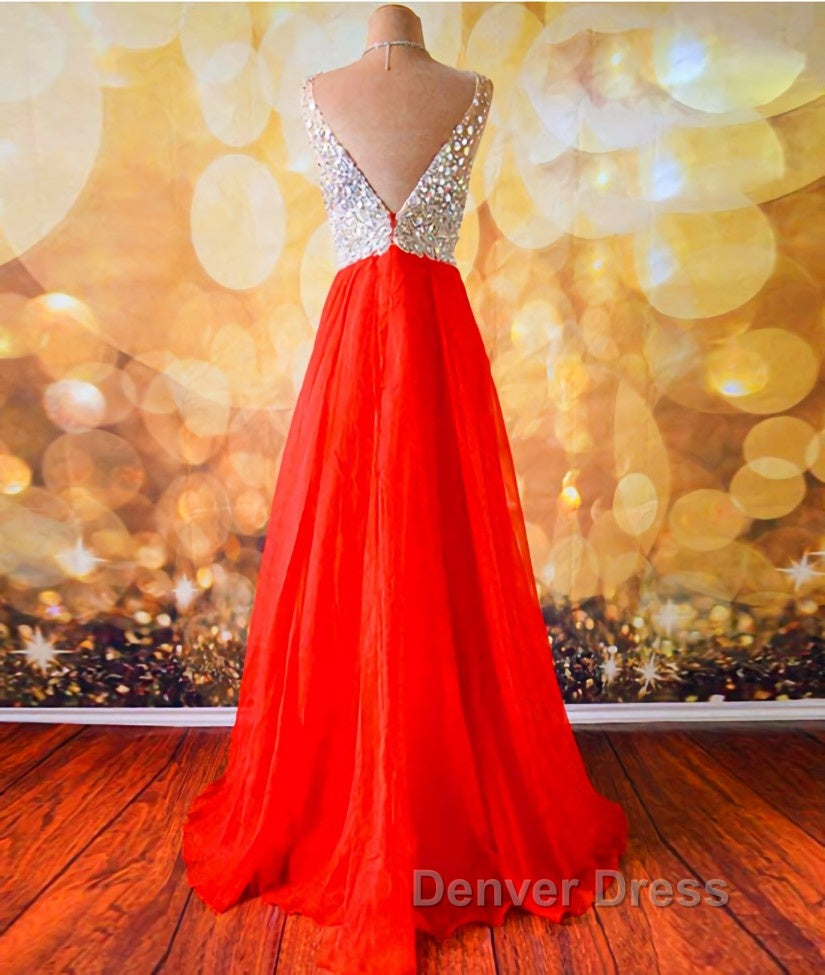 V Neck And V Back Sequins Chiffon Red Prom Dress, Long Red Prom Dress