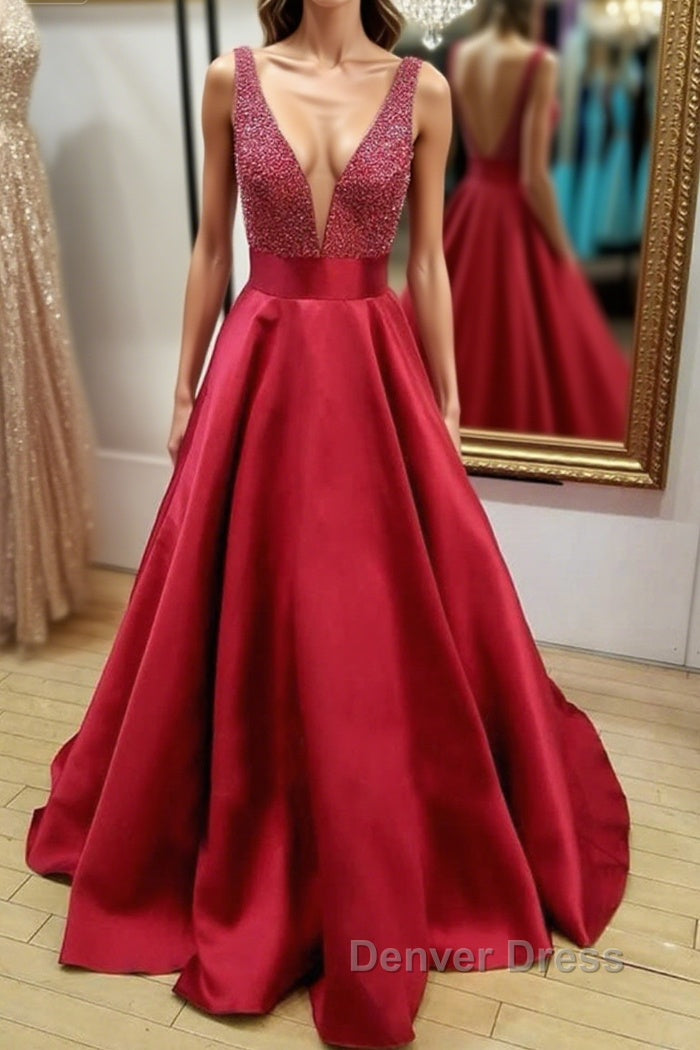 V Neck and V Neck Sequins Burgundy Long Prom Dress, V Neck Burgundy Prom Graduation Prom Dresses