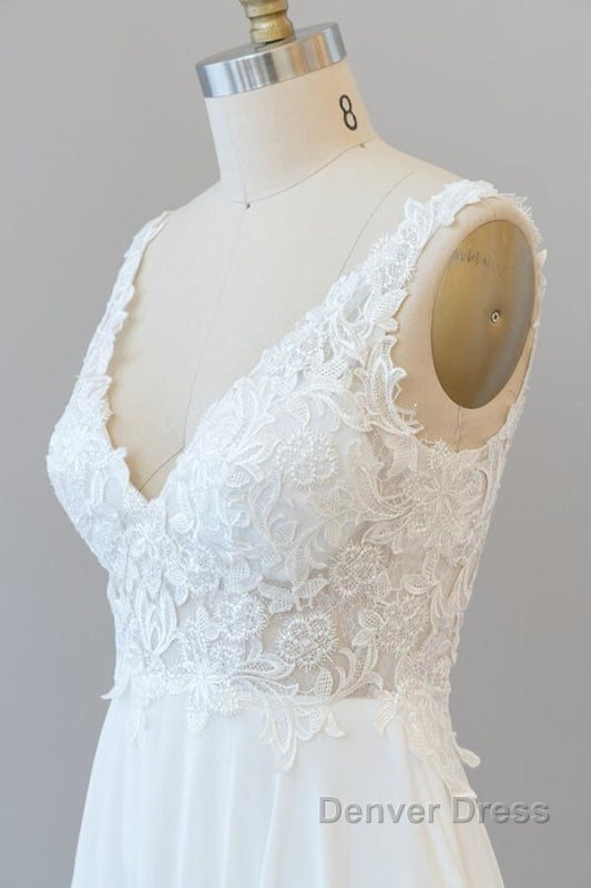 V Neck Appliques Chiffon A Line Wedding Dresses
