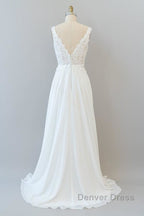 V-neck Appliques Chiffon A-line Wedding Dresses