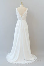 V Neck Appliques Chiffon A Line Wedding Dresses
