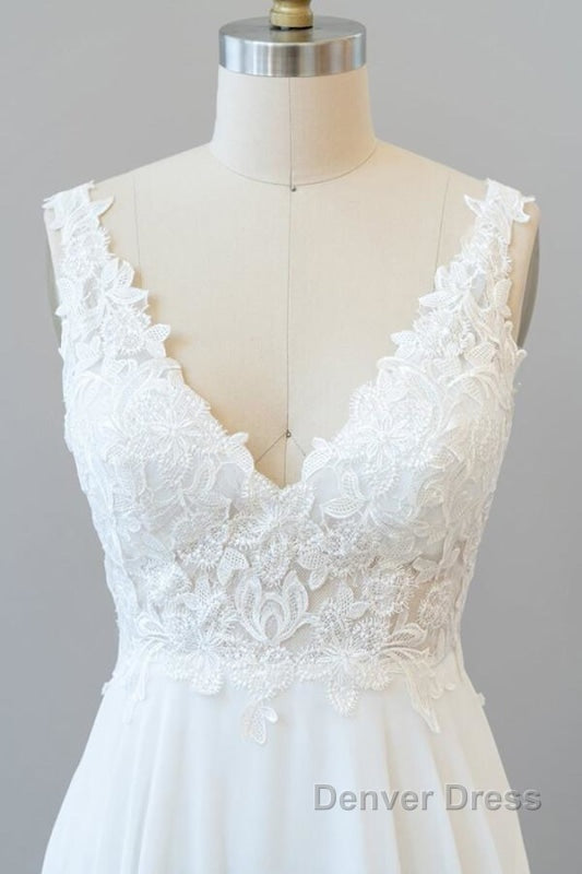 V-neck Appliques Chiffon A-line Wedding Dresses