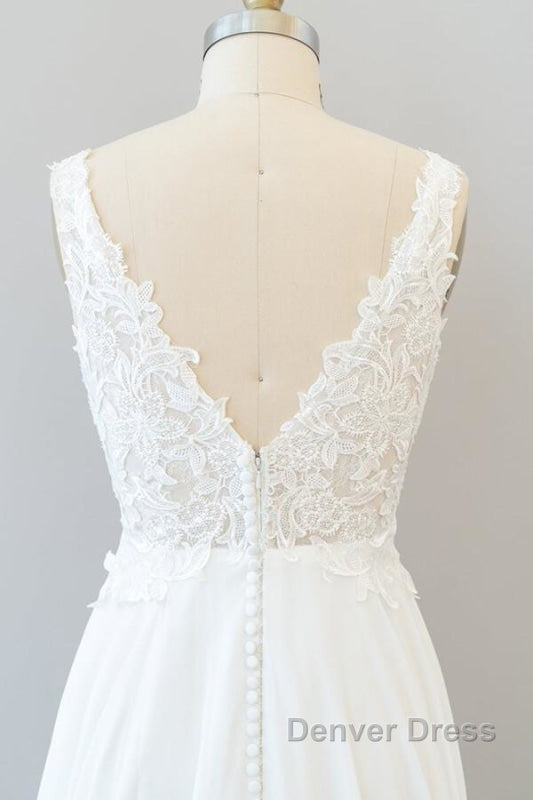 V-neck Appliques Chiffon A-line Wedding Dresses