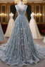V Neck Appliques Lace Wedding Dresses With Chapel Train