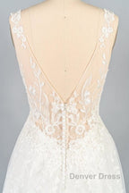 V-neck Appliques Tulle A-line Wedding Dresses