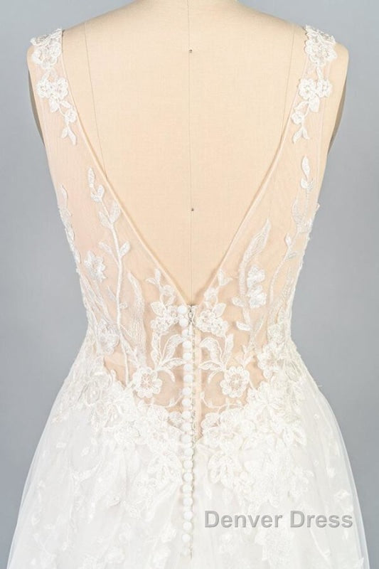 V-neck Appliques Tulle A-line Wedding Dresses