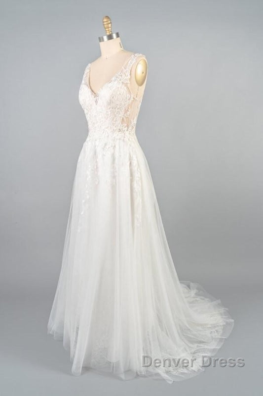 V Neck Appliques Tulle A Line Wedding Dresses