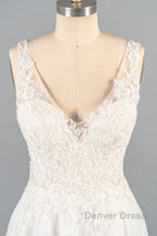 V Neck Appliques Tulle A Line Wedding Dresses
