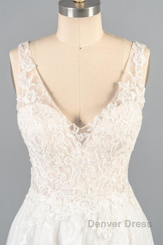 V Neck Appliques Tulle A Line Wedding Dresses