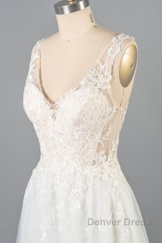 V-neck Appliques Tulle A-line Wedding Dresses