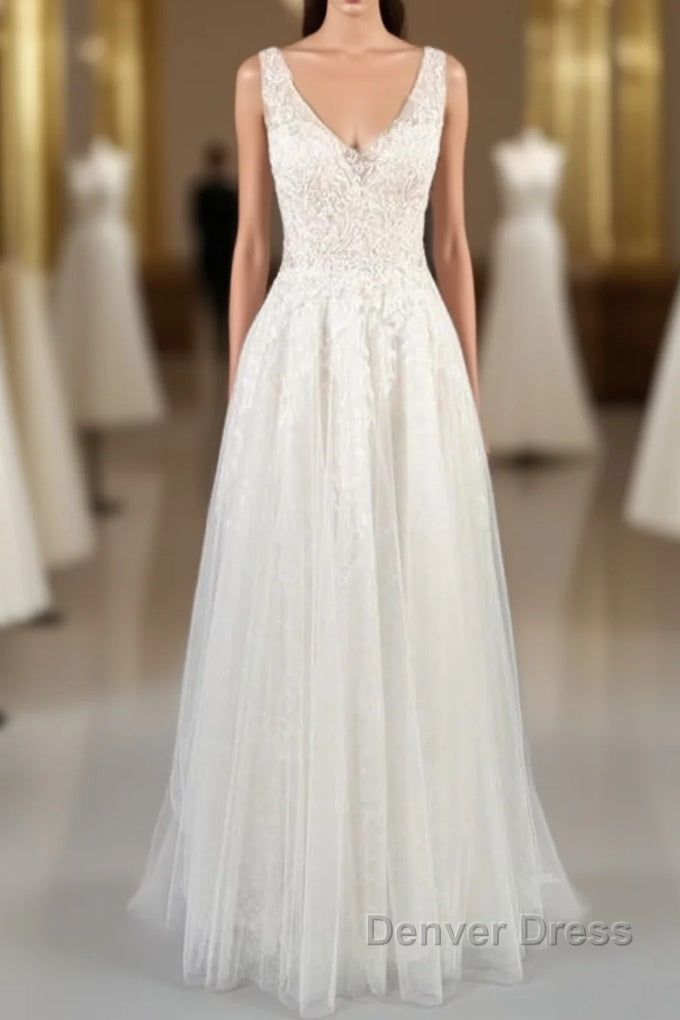V-neck Appliques Tulle A-line Wedding Dresses Main image