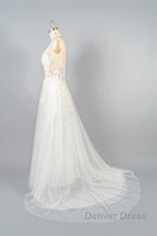 V Neck Appliques Tulle A Line Wedding Dresses