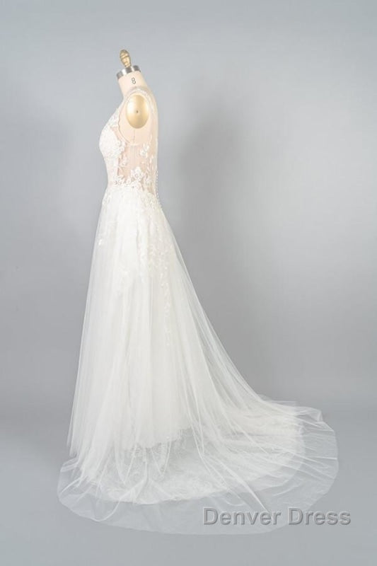 V Neck Appliques Tulle A Line Wedding Dresses