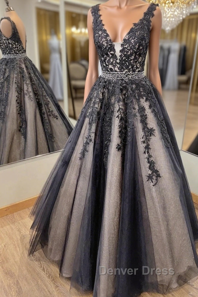 V Neck Backless Black Lace Long Prom Dress, Black Lace Prom Dress, Black Prom Dresses Main image