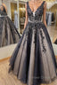 V Neck Backless Black Lace Long Prom Dress, Black Lace Prom Dress, Black Prom Dresses