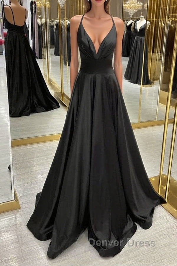 V Neck Backless Black Satin Long Prom Dress, Backless Black Prom Dress, Black Prom Dresses Main image