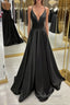 V Neck Backless Black Satin Long Prom Dress, Backless Black Prom Dress, Black Prom Dresses
