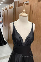 V Neck Backless Black Satin Long Prom Dress, Backless Black Prom Dress, Black Prom Dresses