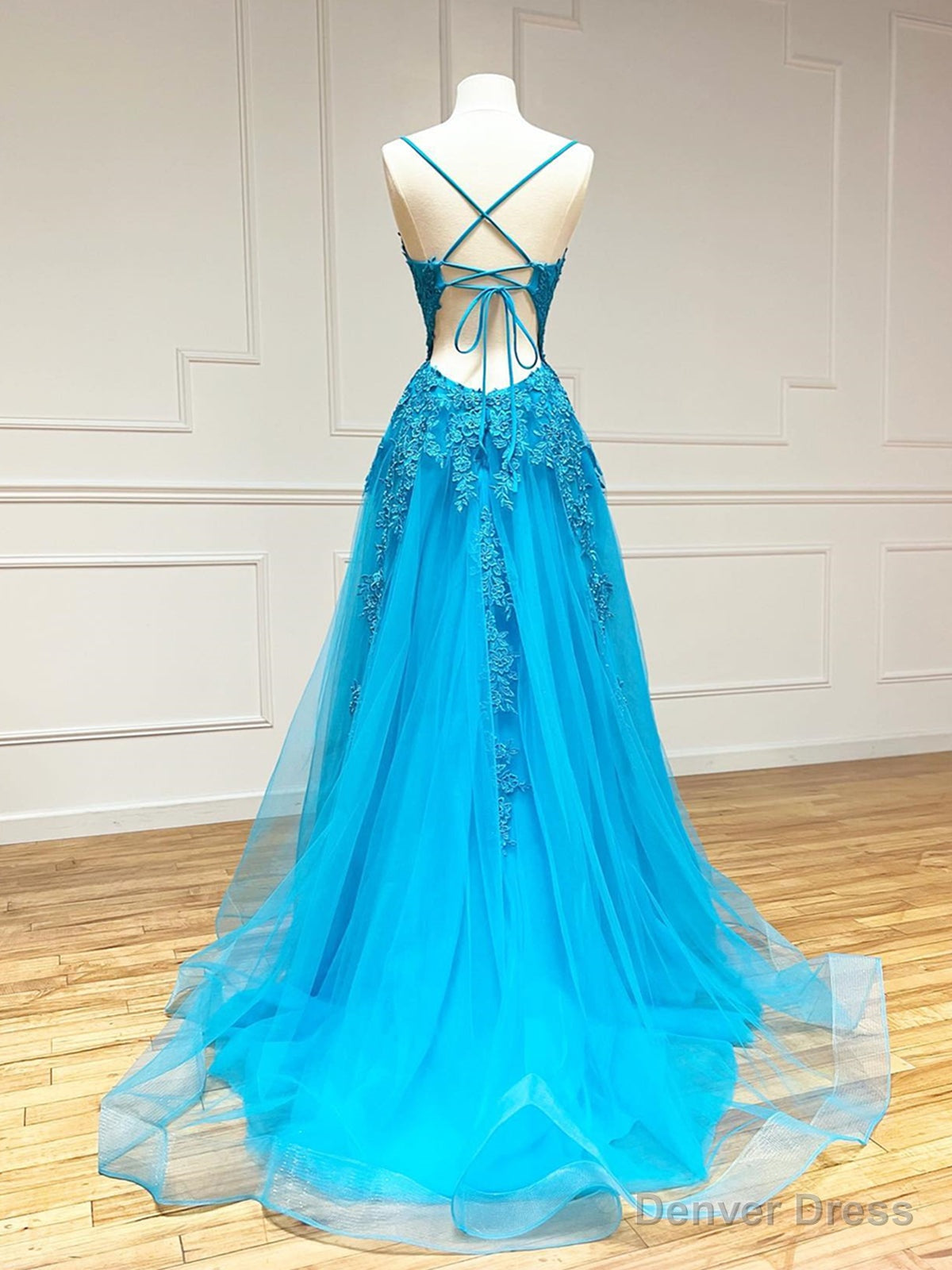 V Neck Backless Blue Lace Long Prom Dresses, Open Back Blue Lace Long Formal Evening Dresses Secondary image