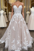 V Neck Backless Champagne Lace Appliques Long Prom Dress, Champagne Lace Prom Dresses