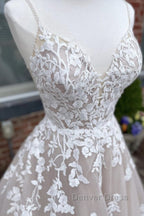 V Neck Backless Champagne Lace Appliques Long Prom Dress, Champagne Lace Prom Dresses