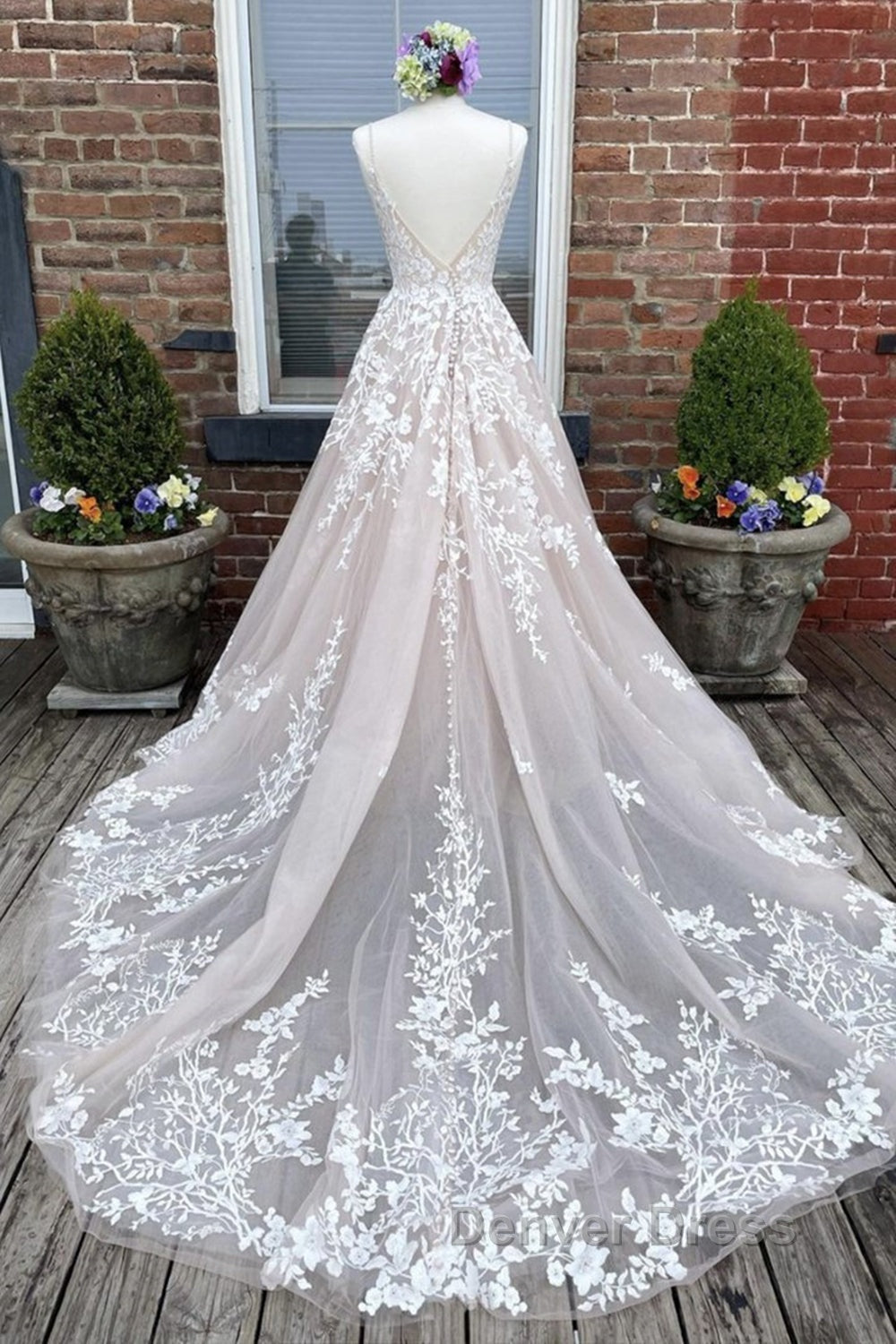 V Neck Backless Champagne Lace Appliques Long Prom Dress, Champagne Lace Prom Dresses