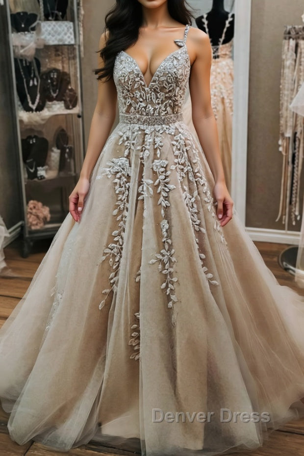 V Neck Backless Champagne Tulle Lace Long Prom Dress, Champagne Lace Prom Dresses, Champagne Ball Gowns Main image