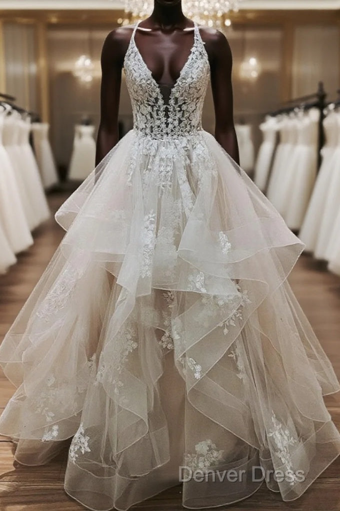 V Neck Backless Light Champagne Lace Wedding Dress, Open Back Champagne Lace Prom Dresses