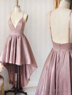 V Neck Backless Navy Blue/Pink High Low Prom Dresses, Backless High Low Formal Graduation Dresses
